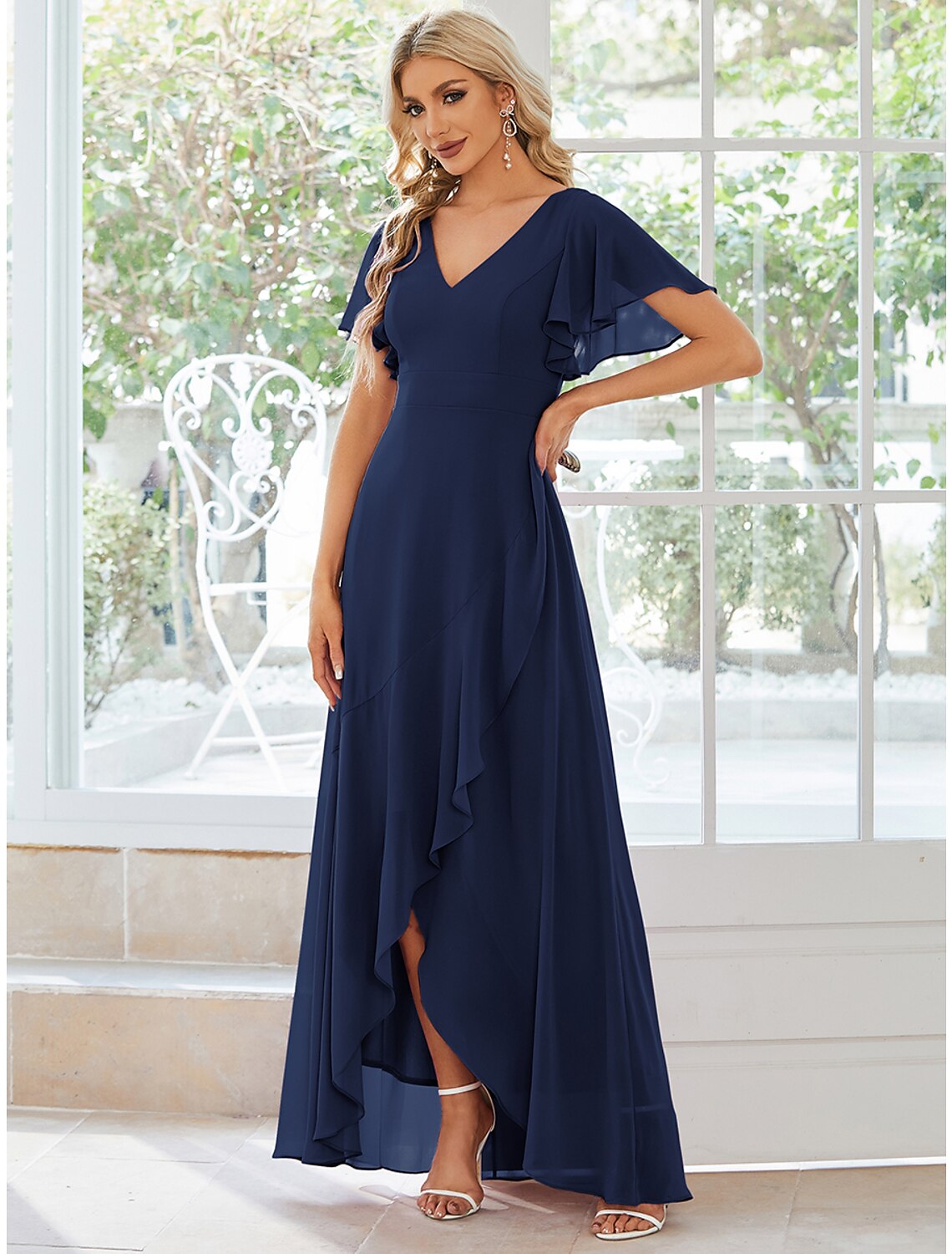 A-Linien-Kleid für Hochzeitsgäste, legeres Kleid, Partykleidung, asymmetrisch, kurze Ärmel, V-Ausschnitt, Chiffon mit Rüschen, reine Farbe